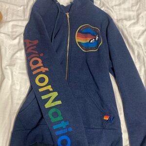 Aviator Nation Blue Hoodie with Rainbow Logo
